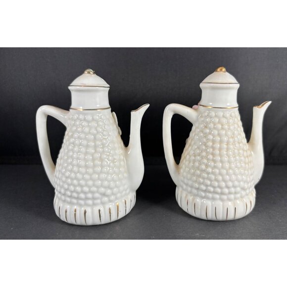 Vintage Teapot Salt and Pepper Shakers White Gold W/ Pink Flower Japan - Picture 4 of 7